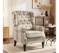 HOMCOM Accent Chair Wingback Armchair Retro Tufted, Khaki Plaid