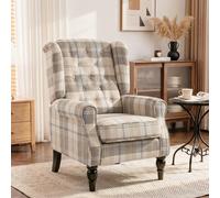 Homcom Accent Chair Wingback Armchair Retro Tufted, Khaki Plaid