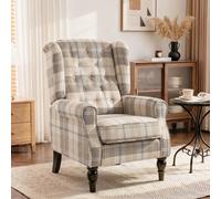Homcom Accent Chair Wingback Armchair Retro Tufted, Khaki Plaid