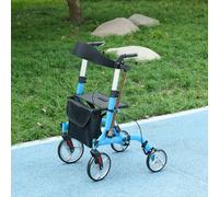 HOMCOM 4 Wheel Rollator with Seat and Back, Lightweight Folding Mobility Walker with Large Wheels, Carry Bag, Adjustable Height, Aluminium Walking Frame with Dual Brakes for Seniors, Blue