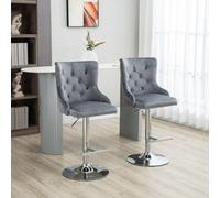 HOMCOM Modern Adjustable Bar Stools Set of 2, Swivel Velvet Barstools with Button Tufted Back, Footrest, Nailhead Trim for Home Bar, Grey