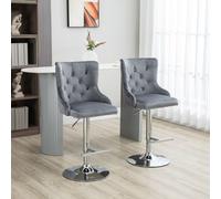 HOMCOM Modern Adjustable Bar Stools Set of 2, Swivel Velvet Barstools with Button Tufted Back, Footrest, Nailhead Trim for Home Bar, Grey