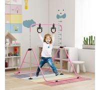 HOMCOM Kids Gymnastics Bar, Horizontal Bar for Kids, Adjustable Height Folding Gymnastics Equipment with Rings, Non-slip Rubber Floor Rings, for Home, Flat, Pink