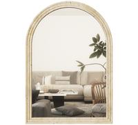HOMCOM Arched Wall Mirror with Grooved Edge & Hooks, Wall-Mounted Mirror, Modern Tempered Glass & Polystyrene Beige