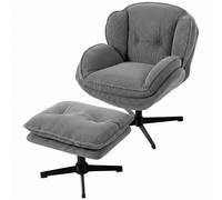 HOMCOM Armchair with Adjustable Footstool, 360° Swivel Chenille Cloud Accent Chair with Thick Cushion, Steel Base, Grey