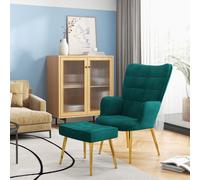 HOMCOM Button Tufted Armchair with Footstool and Gold Legs - Green - Steel, Foam, Velvet(100% polyester)