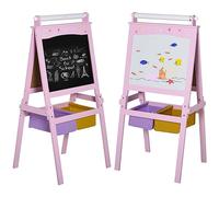 HOMCOM Art Easel for Kids 3 in 1 Double-Sided Kids Easel with Paper Roll Double-Sided Chalkboard & Whiteboard with Storage Baskets for Toddler Girls, Pink