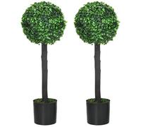 HOMCOM Set of 2 Decorative Artificial Plants Boxwood Ball Trees in Pot Fake Plants for Home Indoor Outdoor Decor, 60cm