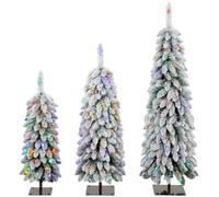 HOMCOM Artificial Christmas Tree Set of 3, PVC Branch Tips, Green White | Snowy Pre-Lit Christmas Tree with Multicolour LED Lights, Pre-Lit Slim Pencil Xmas Decoration, 90/120/150 cm