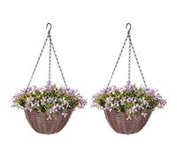 HOMCOM Artificial Flowers in Basket Set of 2, Artificial Hanging Baskets with 75 Leaves and 15 Flowers in Pot, Decorative Plant for Home Office Decor, Purple
