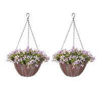 HOMCOM Artificial Flowers in Basket Set of 2, Artificial Hanging Baskets with 75 Leaves and 15 Flowers in Pot, Decorative Plant for Home Office Decor, Purple
