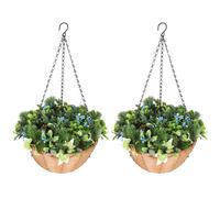 HOMCOM Artificial Flowers in Basket Set of 2, Artificial Hanging Baskets with PE Leaves, 18 Flowers and 3 Pinecones in Pot, Decorative Faux Plant for Home Office Decor, Green
