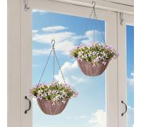 HOMCOM Artificial Flowers in Basket Set of 2, Artificial Hanging Baskets with 75 Leaves and 15 Flowers in Pot, Decorative Plant for Home Office Decor, Purple