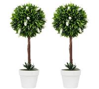 HOMCOM Set of 2 Potted Artificial Plants Ball Tree with Flowers, White