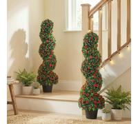 HOMCOM Artificial Rose Spiral Topiary Tree for Indoor Outdoor, Set of 2 - 25 x 25 x 90 cm - 2 - PE, Cement