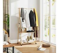 HOMCOM Bamboo Clothes Rail Rack with 2 Storage Shelves and 2 Hooks, Freestanding Open Wardrobe Coat Stand with Wheels for Entryway, Bedroom, Natural Wood Effect