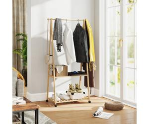 Homcom Bamboo Clothes Rail Rack With 2 Storage Shelves, Natural Wood Effect