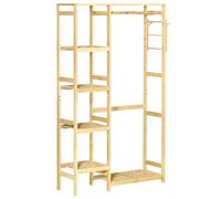HOMCOM Bamboo Coat Rack w/ Hooks Hanging Rail and Storage Shelf for Entryway