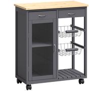 HOMCOM Bamboo Kitchen Island, Rolling Kitchen Trolley with Glass Door, 2 Metal Wire Baskets and Adjustable Shelf, Grey