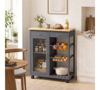Homcom Bamboo Kitchen Island With Glass Door, 2 Metal Wire Baskets, Grey