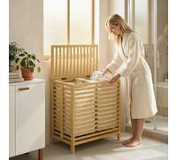 HOMCOM Bamboo Laundry Basket with Lid, 2 Baskets, Foldable, Natural, Grey
