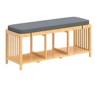 HOMCOM Bamboo Shoe Bench, Entryway Storage Bench with Padded Cushion and Open Shelf, Natural Wood Finish