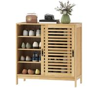 Homcom Bamboo Shoe Cabinet With 2 Sliding Slat Doors, 16 Pairs, Natural
