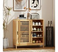 Homcom Bamboo Shoe Cabinet With 2 Sliding Slat Doors, 16 Pairs, Natural Natural