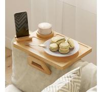HOMCOM Bamboo Sofa Arm Tray Anti-Slip 360° Phone Holder Natural Wood Finish