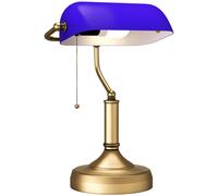 HOMCOM Banker's Table Lamp Desk Lamp with Antique Bronze Tone Base, Blue Glass Shade and Pull Rope Switch for Home Office, Living Room, Bedroom, Dini