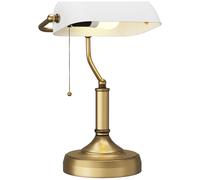 HOMCOM Banker's Table Lamp Desk Lamp with Antique Bronze Tone Base, White Glass Shade and Pull Rope Switch for Home Office, Living Room, Bedroom, Dining Room, White