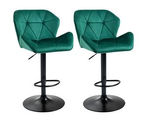 HOMCOM Bar Stools Set Of 2, Luxurious Velvet-Touch Barstools with Metal Frame Footrest Round Base Triangle Indenting Adjustable Height Swivel Green