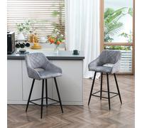 HOMCOM Bar Stools Set of 2, Velvet-Touch Fabric Counter Height Bar Chairs, Kitchen Stools with Steel Legs for Dining Area, Kitchen Island Barstools, Grey Grey