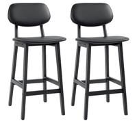 HOMCOM Bar Stools Set of 2, Wooden, with Backs, Solid Wood Legs, Black | Breakfast Bar Chairs, PU Leather Upholstered Kitchen Stools, Footrests