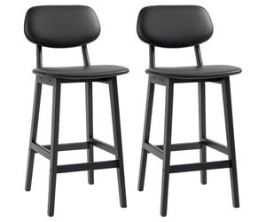 HOMCOM Bar Stools Set of 2, Wooden, with Backs, Solid Wood Legs, Black | Breakfast Bar Chairs, PU Leather Upholstered Kitchen Stools, Footrests