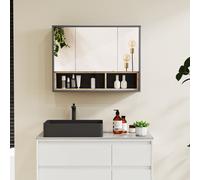HOMCOM Bathroom Mirror Cabinet, Wall Mounted Bathroom Cabinet with Mirror, 3 Doors and Cupboards, Grey Grey