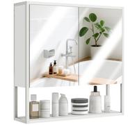 HOMCOM Bathroom Mirror Cabinet Wall Mounted with Soft-Close Doors and Adjustable Shelf, Industrial Bathroom Wall Cabinet with Open Storage, 60 x 16 x 60 cm White
