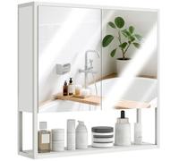 HOMCOM Industrial Bathroom Cabinet with 2 Mirrored Doors Open Shelf, White, White