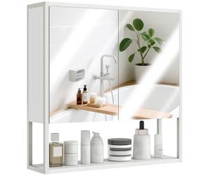 HOMCOM Bathroom Mirror Cabinet Wall Mounted with Soft-Close Doors and Adjustable Shelf, Industrial Bathroom Wall Cabinet with Open Storage, 60 x 16 x 60 cm, White