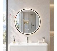 HOMCOM Bathroom Mirror with LED Lights, 60cm Round, Black | Wall Mounted LED Bathroom Mirror, 3 Colours Dimmable, Bluetooth, Anti-Fog, Memory, Tempered Glass, Metal Frame, IP55