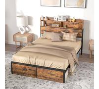 HOMCOM Industrial Double Bed Frame - 4.8FT Steel Bed Base with Storage Headboard - Footboard - Slatted Support and Under Bed Storage - 145 x 209cm - R