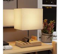 HOMCOM Bedside Lamp with USB A+C Charging Ports and 3 Phone Stands, Modern Table Lamp with Solid Wood Base and Fabric Shade for Bedroom Living Room Office, E27 Socket, Bulb Not Included, White