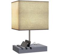 HOMCOM Bedside Lamp with USB A+C Charging Ports and 3 Phone Stands, Modern Table Lamp with Solid Wood Base and Fabric Shade for Bedroom Living Room Office, E27 Socket, Bulb Not Included, Grey