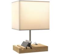 HOMCOM Bedside Lamp with USB C Charging Ports and 3 Phone Stands, White | Modern Table Lamp, Solid Wood Base, Fabric Shade, Bedroom Living Room Office, E27 Socket, Bulb Not Included