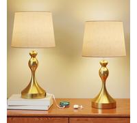 HOMCOM Bedside Lamps Set of 2, Modern Table Lamps with 3 Colour Temperatures, USB A+C Charging Ports and Linen Shade for Living Room Bedroom Office, Gold Tone