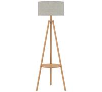 HOMCOM Bedside Light, Tripod Floor Lamp with Storage Shelf and Linen Shade for Living Room, 160cm, Natural Wood Colour