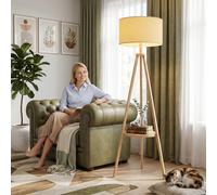 HOMCOM Bedside Light with Storage Shelf and Linen Shade, Natural