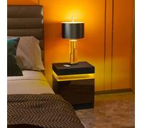 HOMCOM High Gloss Bedside Table with LED Light and 2 Drawers, Black