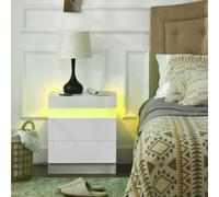 HOMCOM High Gloss Bedside Table with LED Light and 2 Drawers, White