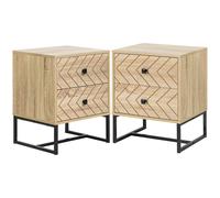 HOMCOM Bedside Table Nightstand Two-Drawer Bedroom Storage Unit Zig Zag Design with Black Metal Handles, Set of 2, Natural